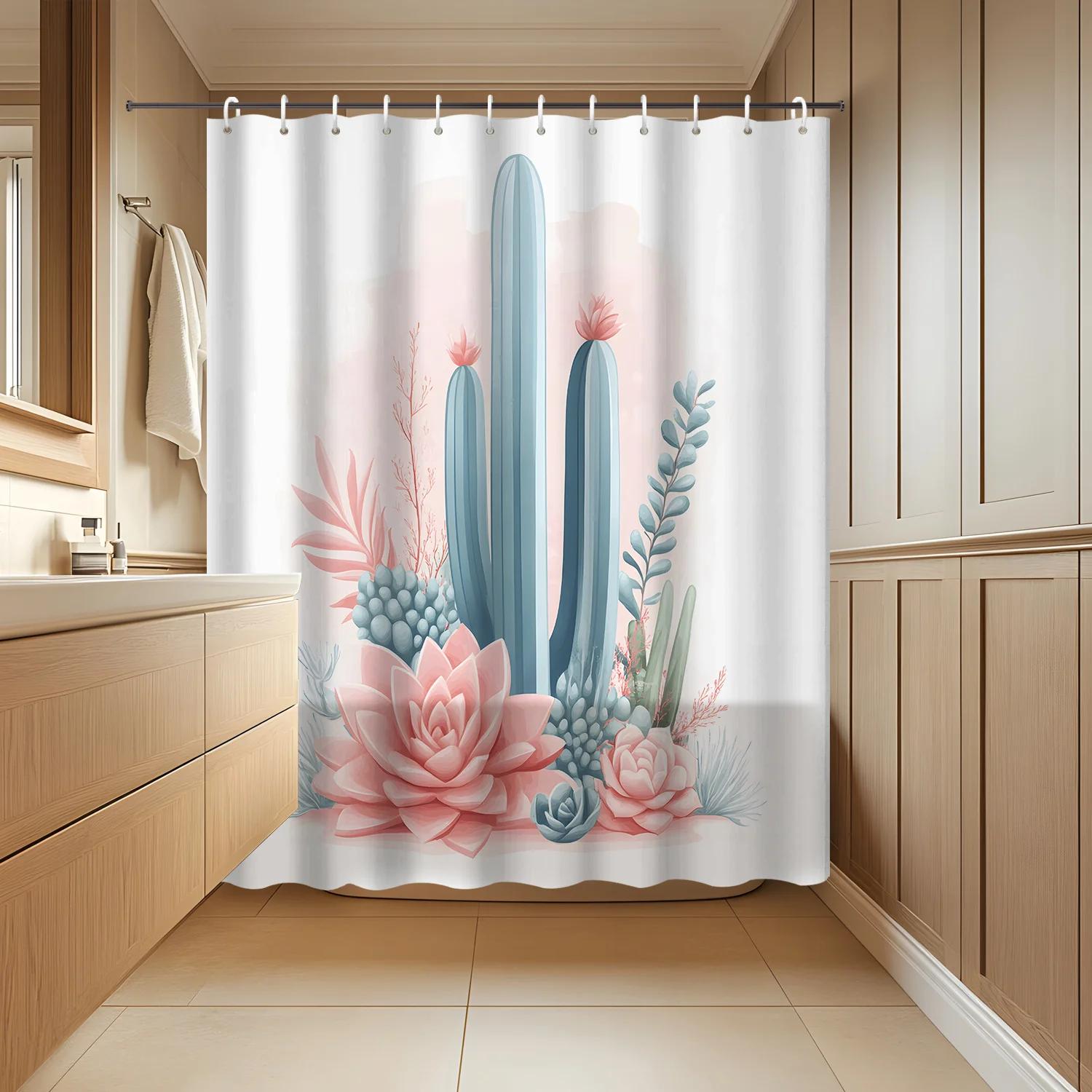 

Vibrant Cactus & Flower Shower Curtain - Watercolor Cartoon Design, Machine Washable Bath Decor With Hooks W60H190(CM)-1 Pcs