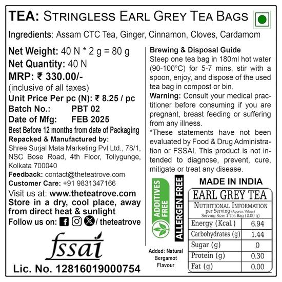 The Tea Trove Earl Grey Tea Bags - 40 Eco-Friendly Earl Gray Black Tea Bags In Resealable Pouch, Natural Bergamot Flavor Blended , 80g