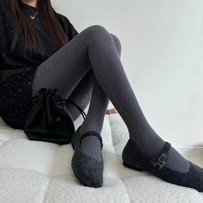 Korean Knitted Side Twist Tights Women Vertical Thermal Light Slimming Simple Versatile Pantyhose Underwear Leggings Stocking