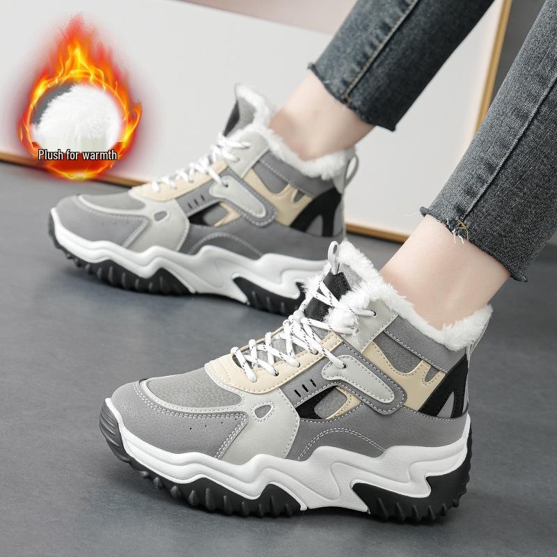 Women's 2025 Autumn White High-Top Dad Sneakers: Plus Velvet, Thick Sole, Versatile Casual Sports Shoes.