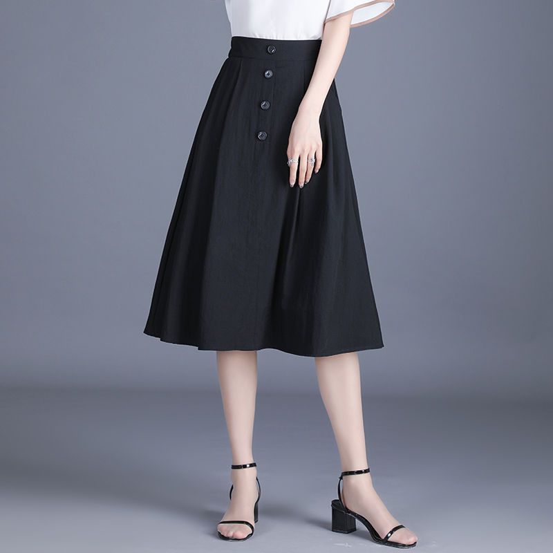 Nylon Cotton Bamboo Linen Skirt Women's Stylish Button Umbrella Skirt Young Casual Mid-length A-line Skirt Elastic Waist Skirt