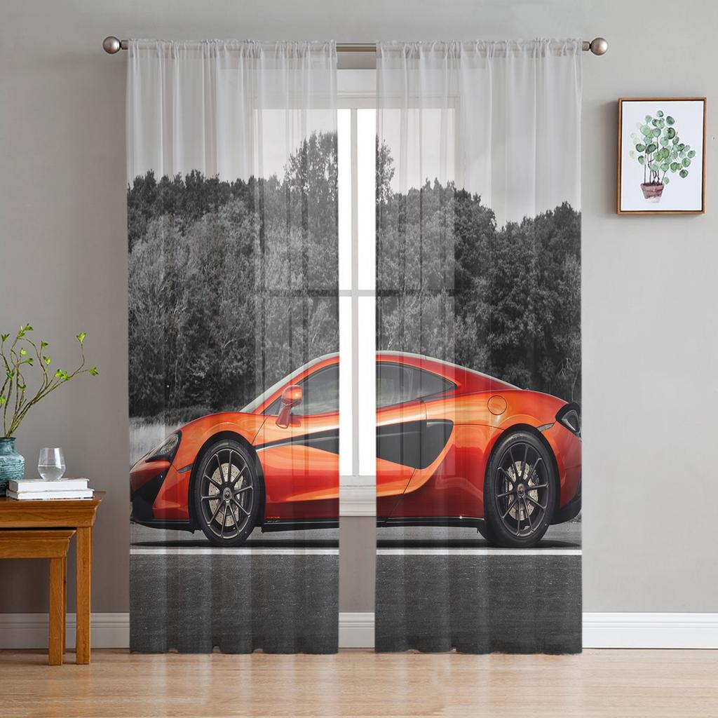 City Sports Car Sheer Window Curtains for Living Room Kitchen Children Bedroom Decoration Chiffon Tulle Voile Hanging Curtain
