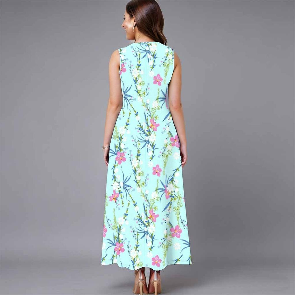 Plus Size Women Sleeveless Round Neck Dress Romantic Floral Printed Flowy Calf Length Gown