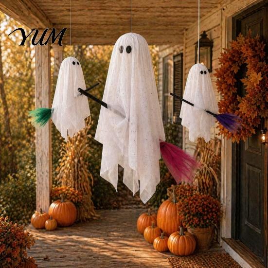 Halloween Hanging Ghost Decorations Outdoor Decoration, Large on Broom, Spooky Porch Decor Flying Gauze for Tree, Porch, Yard, Patio, Outside