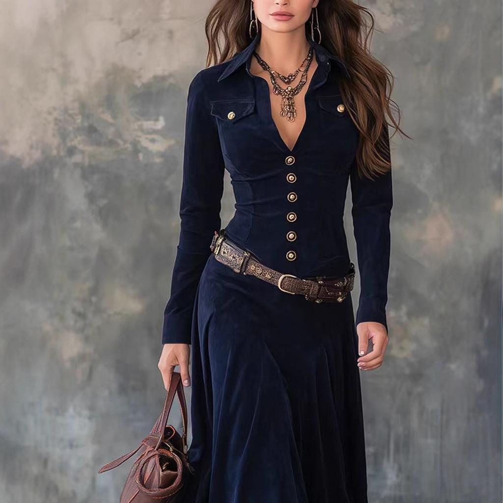Spot 2026 New Independent Station Long-sleeved Literary Temperament V-neck Dress Women's Belt Included
