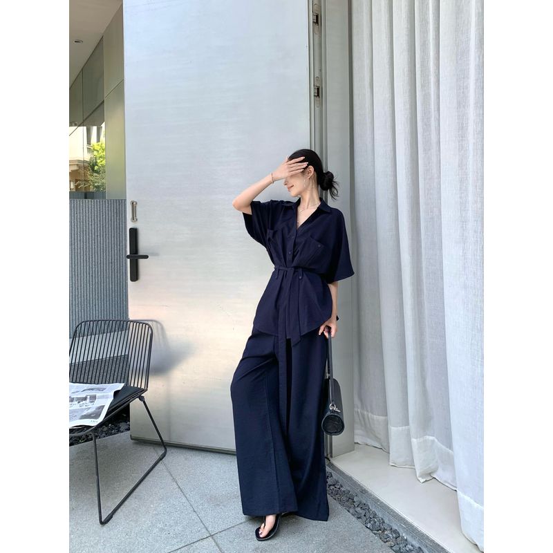 Kumikumi Fashion White Suit Short Sleeve Shirt Women Fall High Waist Slim Looking All-Matching Casual Trousers Two-piece Set