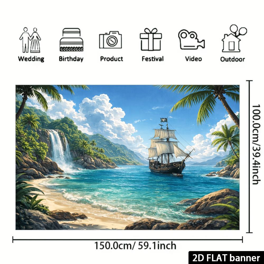 2D Plane Tropical Beach Pirate Ship Waterfall Background Fabric  Indoor and Outdoor Home Decoration Party Use