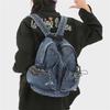 Denim Backpack Women's Fashionable Casual School Bag Trendy Rucksack with Drawstring Pockets