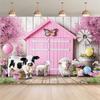 2D Flat Printing Pink Farm Animal Backdrop 210×150cm for Birthday