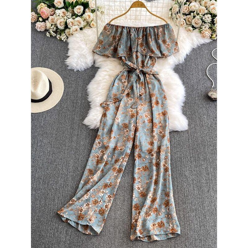 Women's Floral Loose Pants Jumpsuit Summer High Waist Waist-Tight Slimming Flounce off-Shoulder Jumpsuit Short Sleeve