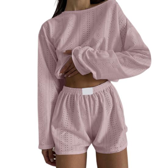 2 st/set Dam Top Shorts Outfit Hollow Out Elastisk midja Lös Långärmad O-hals Tunn Enfärgad Andas Mjuk Homewear T-shirt Shorts Set
