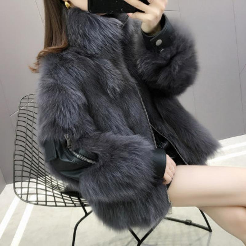 

Осень и зима новая шуба из искусственного меха женская короткая утолщенная зимняя модная тонкая имитация лисьего меха плюшевая шуба 2XL темно-серого