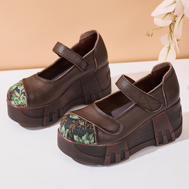 

Fashion GKTINOO Thick Soled Heightening Pumps 2024 Spring New Genuine Leather Hook & Loop Versatile Retro Women s Platform Shoes 225