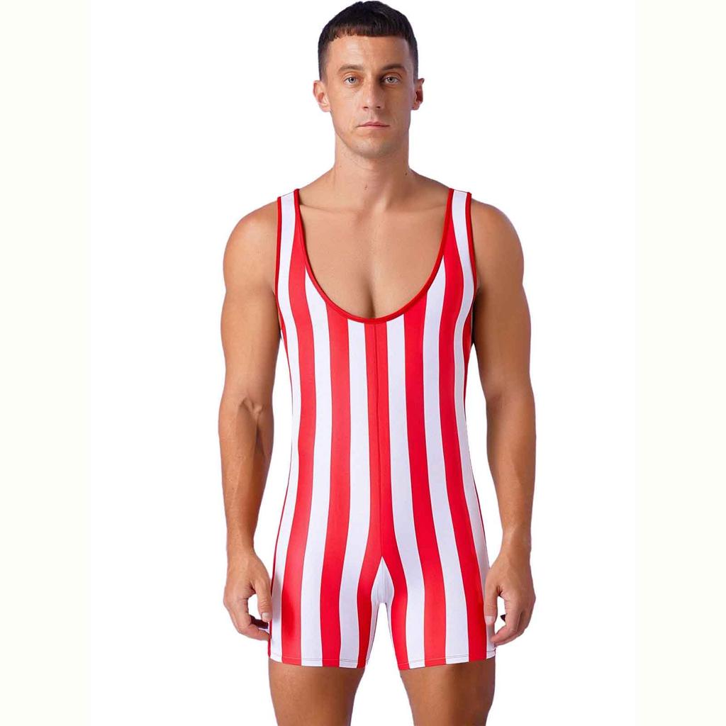 Tuta da Wrestling a Strisce da Uomo Senza Maniche Vestibilità Aderente Boxer Romper Bodybuilding Palestra Sport Body