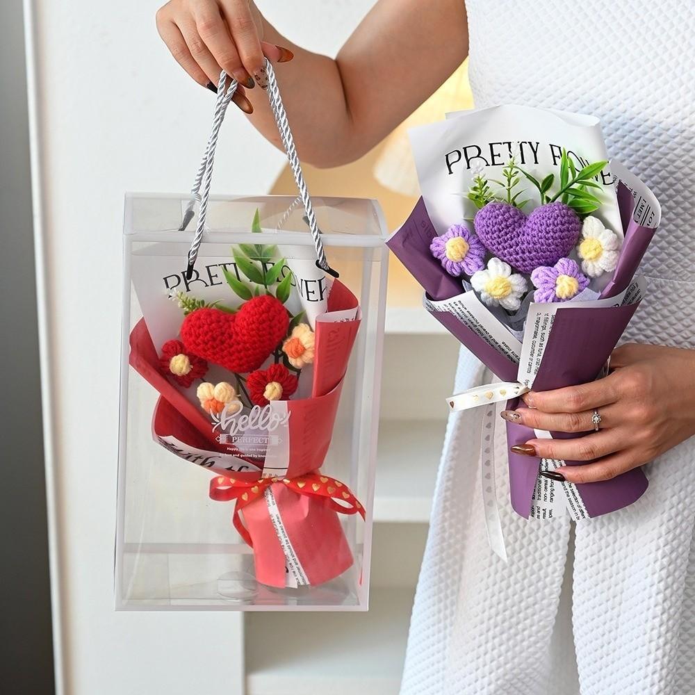 Knited Heart Artificial Flower Crochet Bouquet Valentine's Day Wedding Guest Gift Eternal Flowers Home Decoration