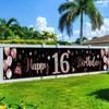 Happy 16th Birthday Fence Banner, Black & Rose Golden Balloon Cake Star Design, Polyester Outdoor Indoor Party Decoration