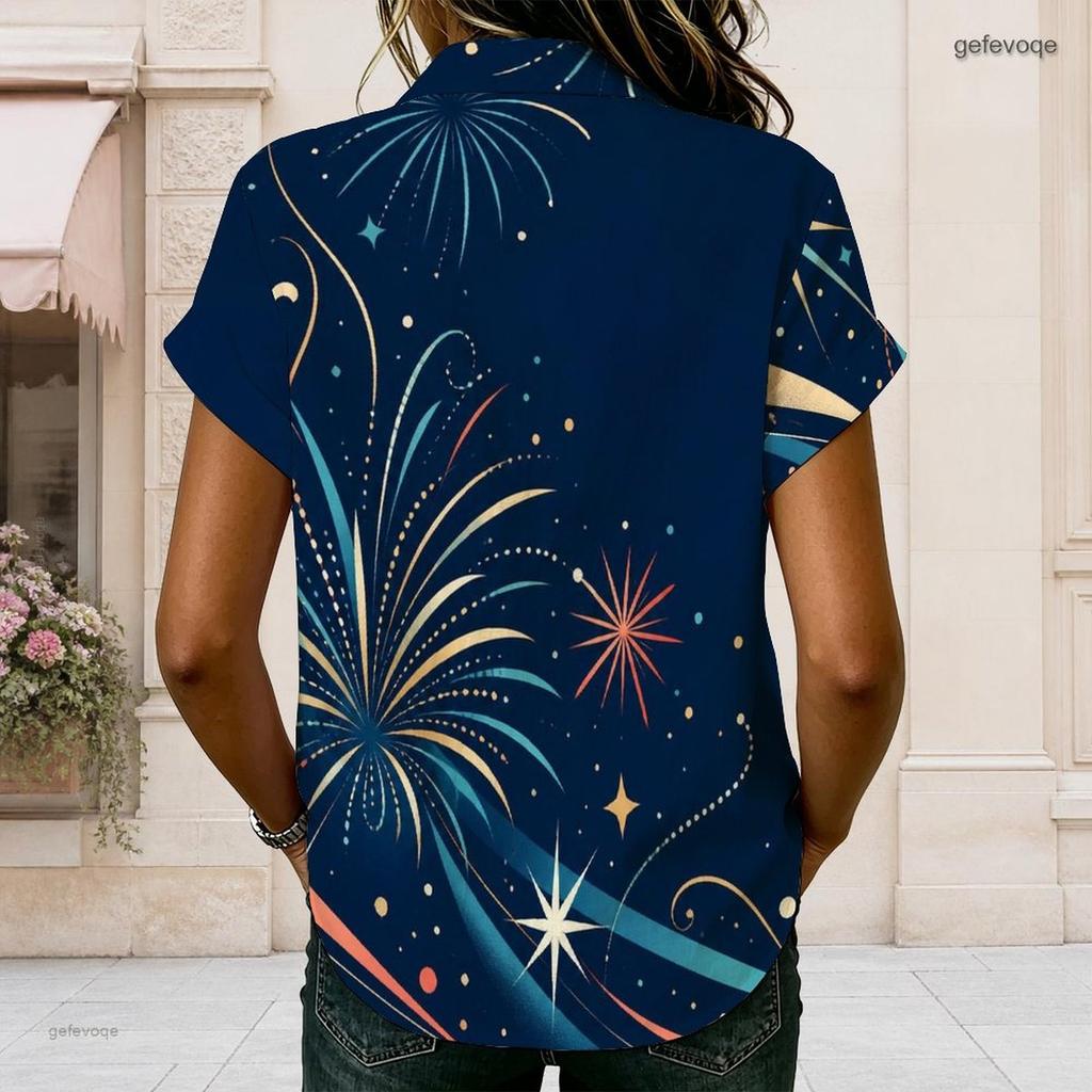Plus Size Women Collared Short Sleeve Blouse Geometric Abstract Line Print Button Front Casual Summer Top