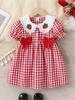Zomerjurk voor Meisjes Vintage Geruit Peter Pan Kraag Lantaarnmouwen Strik Aardbei Applicatie Baby Outfit
