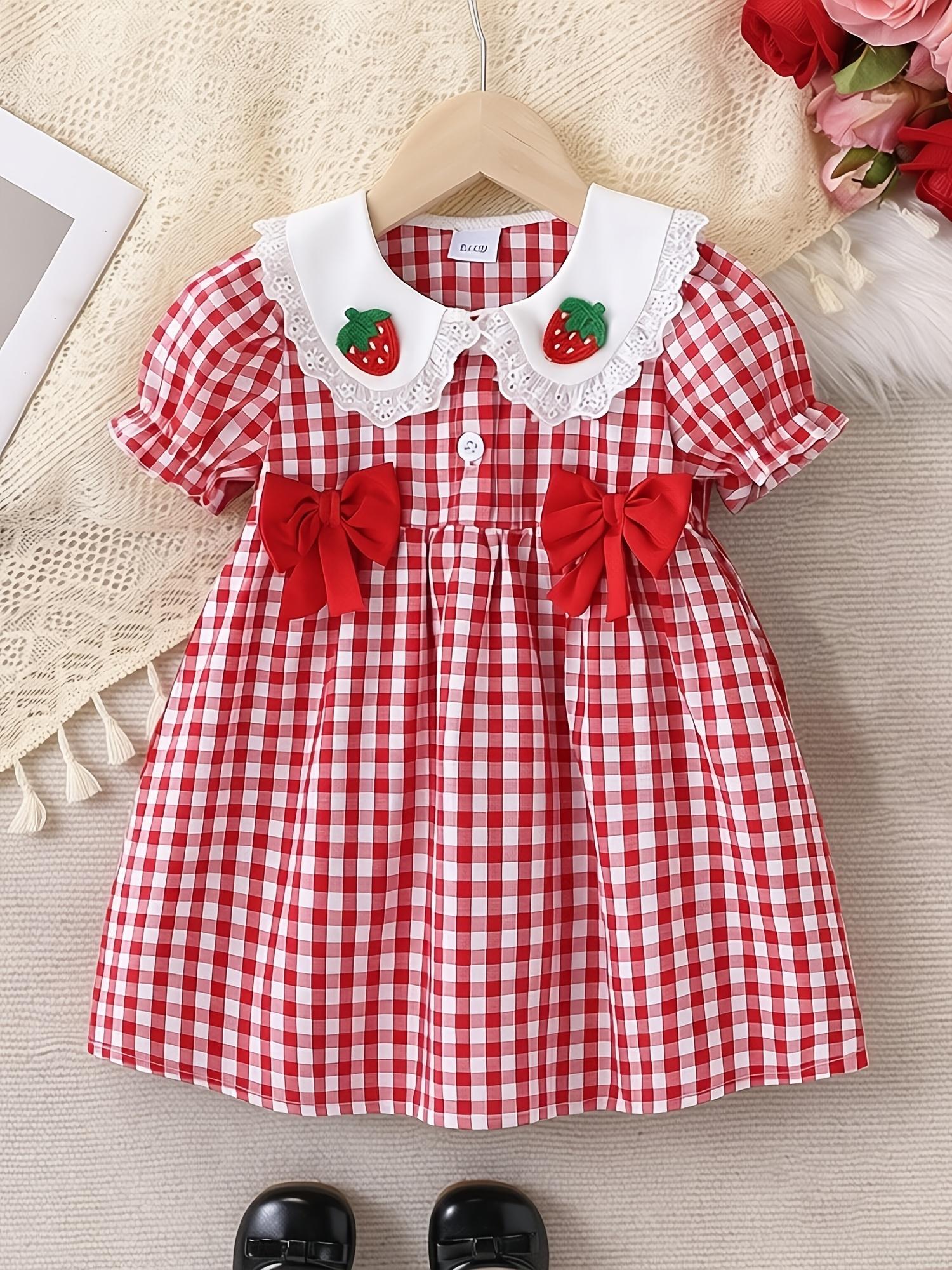 Girls Summer Dress Vintage Checkered Peter Pan Collar Lantern Sleeves Bow Strawberry Applique Baby Outfit 6-9M
