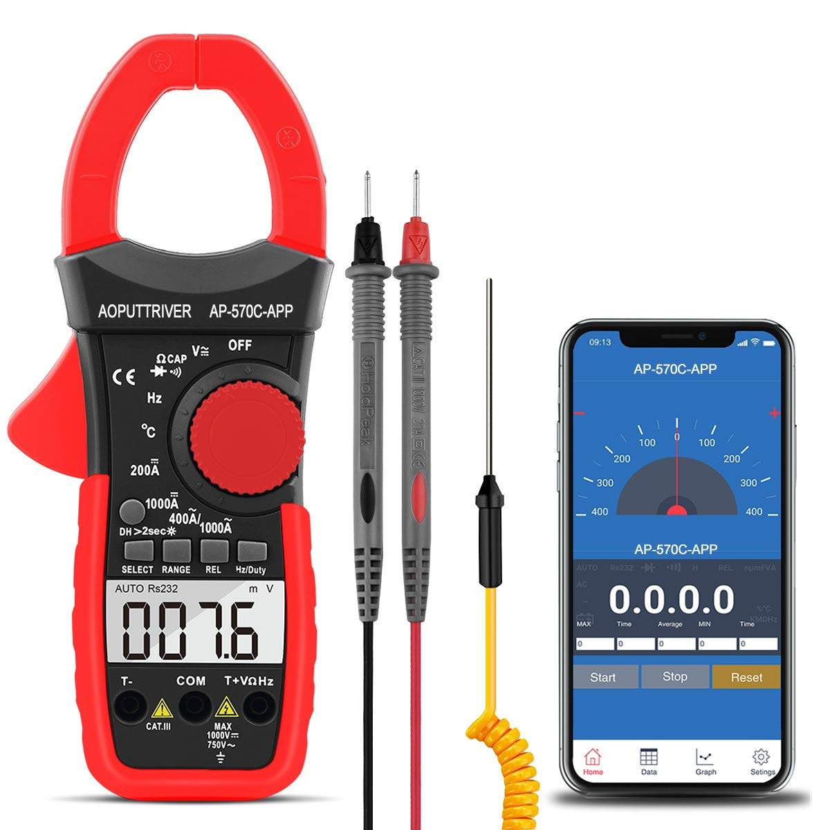

Digital Clamp Meter with APP Control and Data 4000 Ohm Voltage and Diode and Capacitance Includes Japanese Instruction Manual AP-570T-APP Recording,