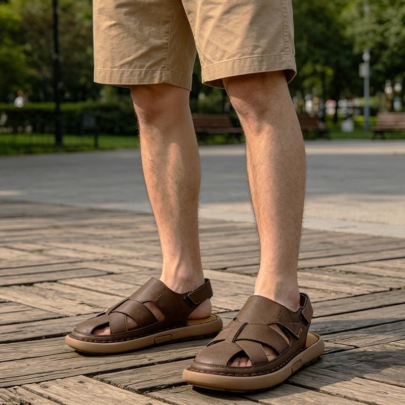 Sandales pour Hommes Respirantes Cuir Creux Bout Fermé Anti-Odeur Nouvelles Semelles Souples Antidérapantes Résistantes à l'Usure Chaussures d'Extérieur pour Plage pour Adolescent