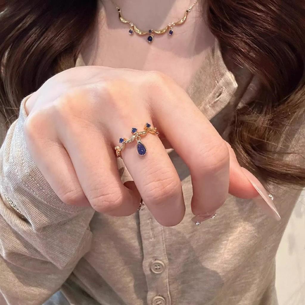 Exquisite Copper Adjustable Blue Floral Edge Ring For Women With Timeless Charm