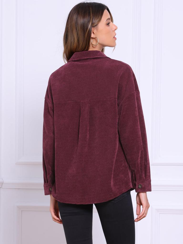 Allegra K Women's Corduroy Jacket, Button-Down Long Sleeve Oversized Casual Shirt, Burgundy, Size M