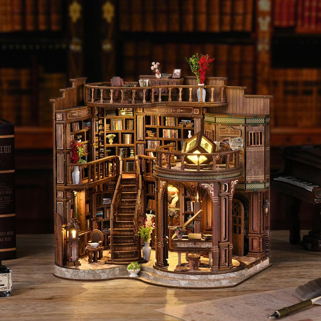 CRESYMME Miniature House Dollhouse Book Nook Kit, Wooden DIY 3D Hobby Handmade (Classical Library)