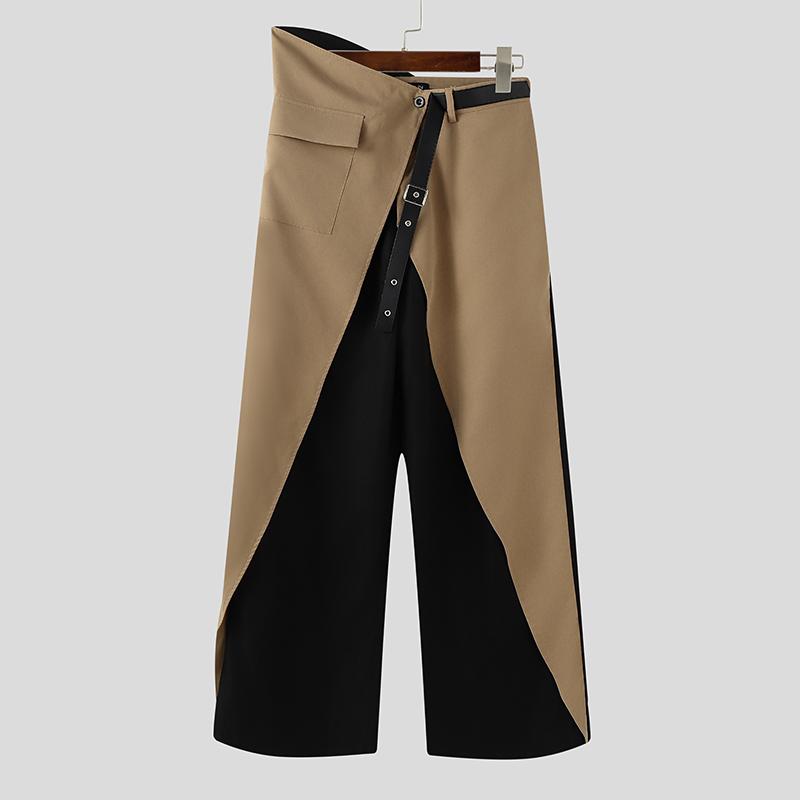 

INCERUN Мужские повседневные длинные брюки с застежкой-молнией, нерегулярной высокой талией, пэчворком L хаки