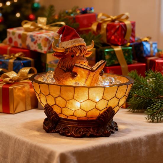 Highland Cow Bubble Bath Night Light Cute Highland Cow Reading Book Lamp 3D Resin Bathtub Highland Cow Sculpture for Indoor Desk Table Shelf Fireplace