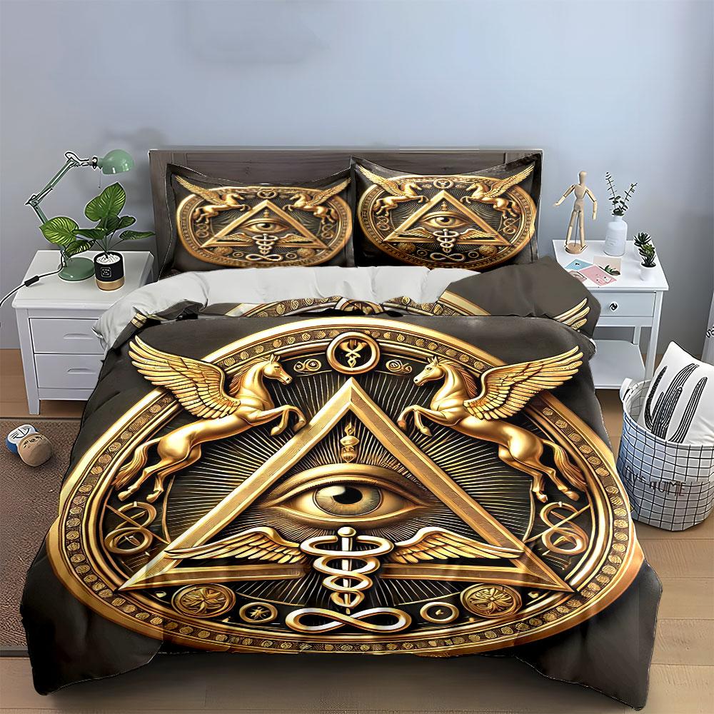 Golden Eye Triangle Decor Set Bedding Set With 1 Duvet Cover 2 Pillowcases Single Double King Queen, Gift