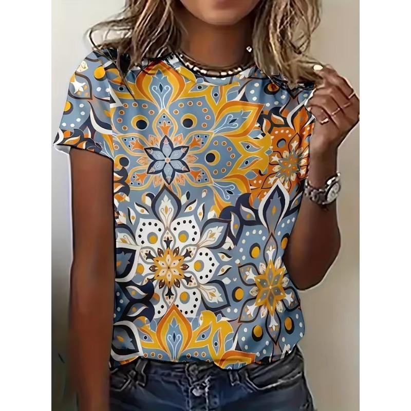Women's Summer Round Neck Temperament T-shirt Breathable Short-sleeved Retro Floral Pattern Top Loose Casual Wear Ladies 3d T-shirt