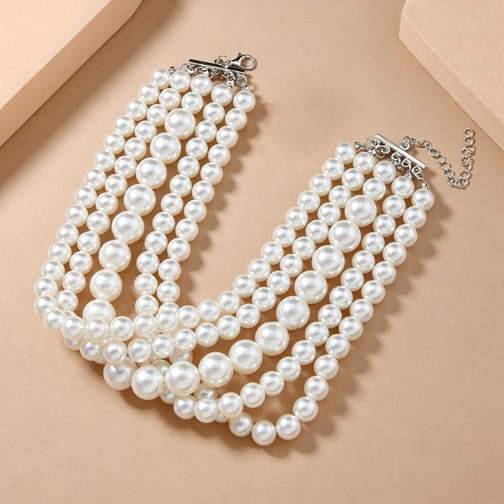 French multi-layer imitation pearl choker necklace bracelet 1-layer set, retro heavy industry collarbone chain bridal banquet girl