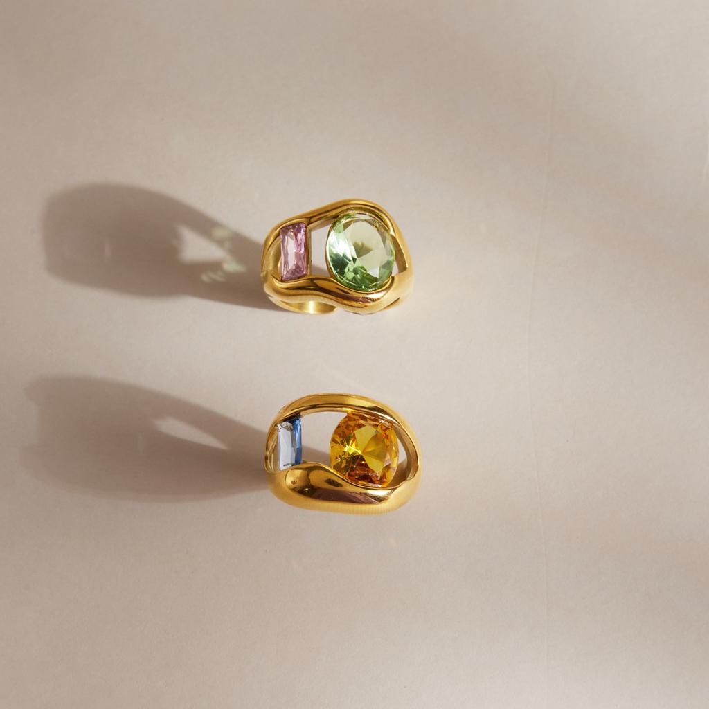 Uworld Chunky Multicolor Big Zircon Hollow Open Rings For Women 18K Gold PVD Plated Stainless Steel Rings Fashion Jewelry Gift
