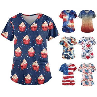 Women's Independence Day Printed Work Clothes V-neck Double Layer Pockets Basic Short Sleeve Top Pullover