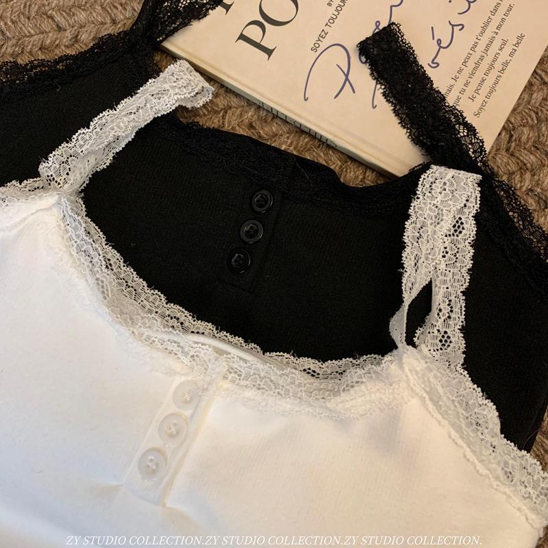 Damski top kamizelka koronkowy w stylu koreańskim z blokami kolorów – jesienny, dopasowany, ciepły i bez rękawów