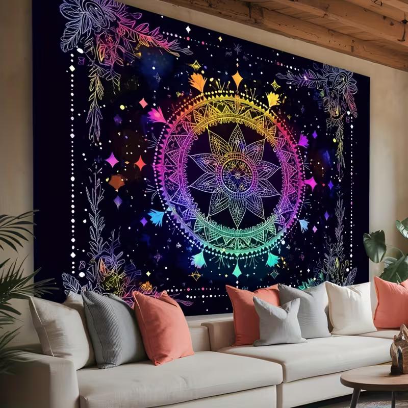 2D UV Glow Mandala Tapestry, Rainbow Boho Floral Wall Hanging for Party
