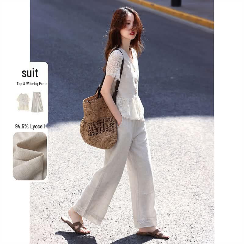 Lyocell & Linen Blend Lace Patchwork Shirt & Cropped Pants Set