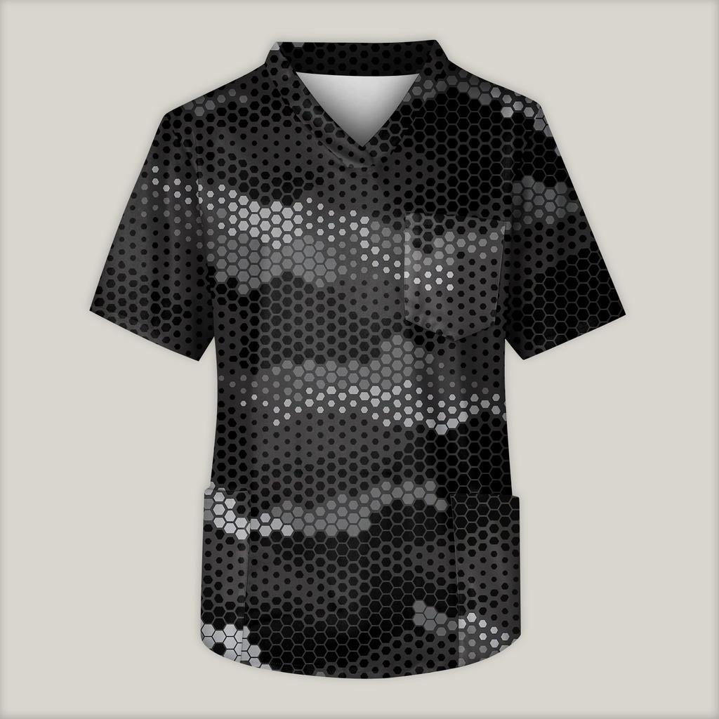 Blusa de trabajo con cuello en V y manga corta estampada para hombre, con bolsillo en el pecho