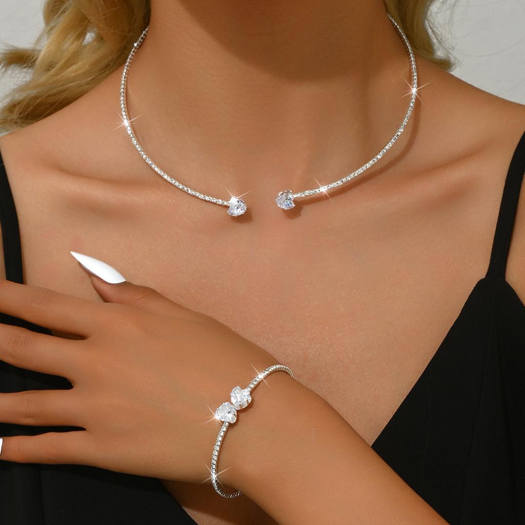 Collar Bracelet 2-Piece Set, Pearl Zircon Love Triangle Round Fashion Temperament
