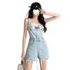 Women's High Waist Ripped Denim Overall Shorts - Retro Wide-Leg, Raw Hem, Age-Reducing Hong Kong Style