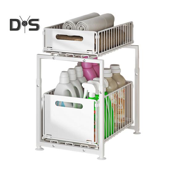 

Стеллаж для хранения на кухне, прочный, большой грузоподъемности, регулируемая высота, двухъярусный органайзер под раковиной с выдвижными ящиками B белый