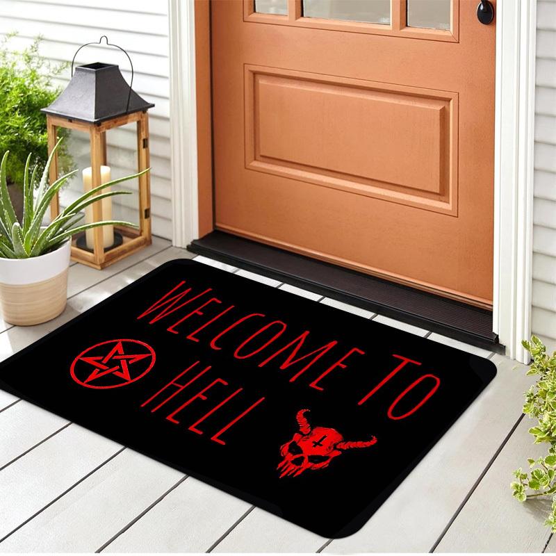 Gothic "Welcome To Hell" Rectangular Doormat, Skull & Pentagram Pattern Floor Mat, Non-Slip Washable Dark Ritual Entrance Rug