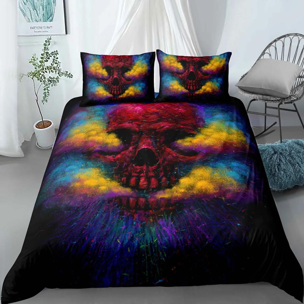3D Skull Funny Skeleton Smoking Pattern Duvet Cover Halloween Black Skull Theme Bedroom Decoration for Children Teens Women Men