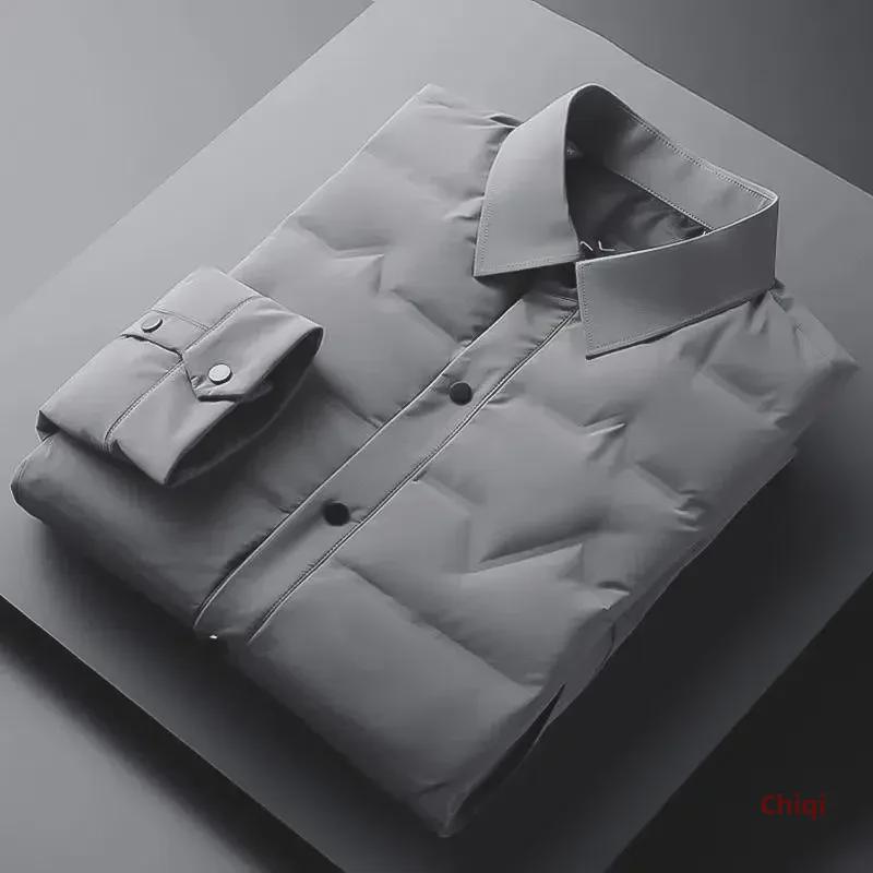 Męska Lekka Kurtka Puchowa Business Casual - Jesień/Zima Ciepła Krótka z Białego Puchu Kaciego z Kołnierzykiem Koszulowym