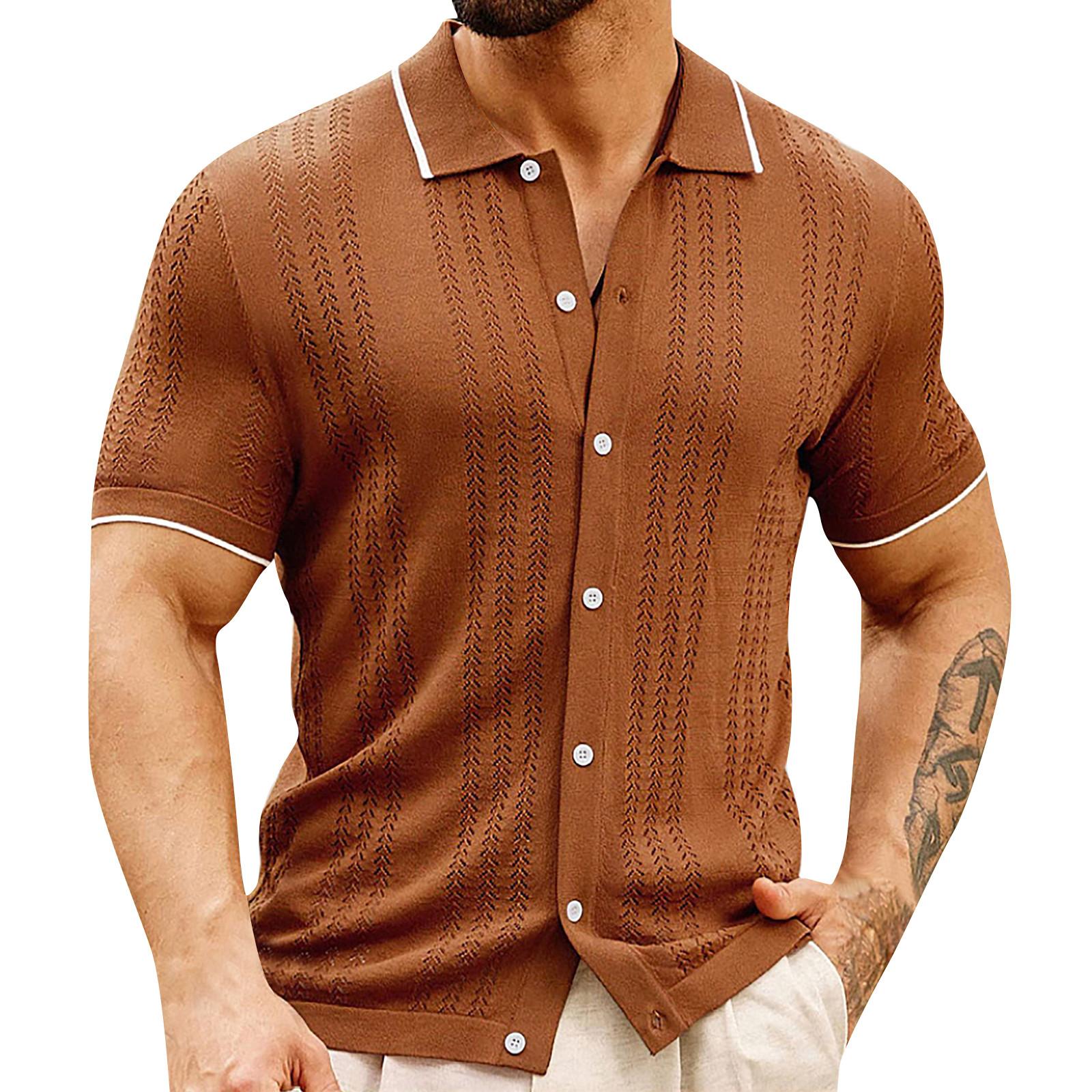 Men s Stylish Crochet Knit Button-Up Shirt Lightweight Short Sleeve Casual Top for Summer Beachwear M коричневый