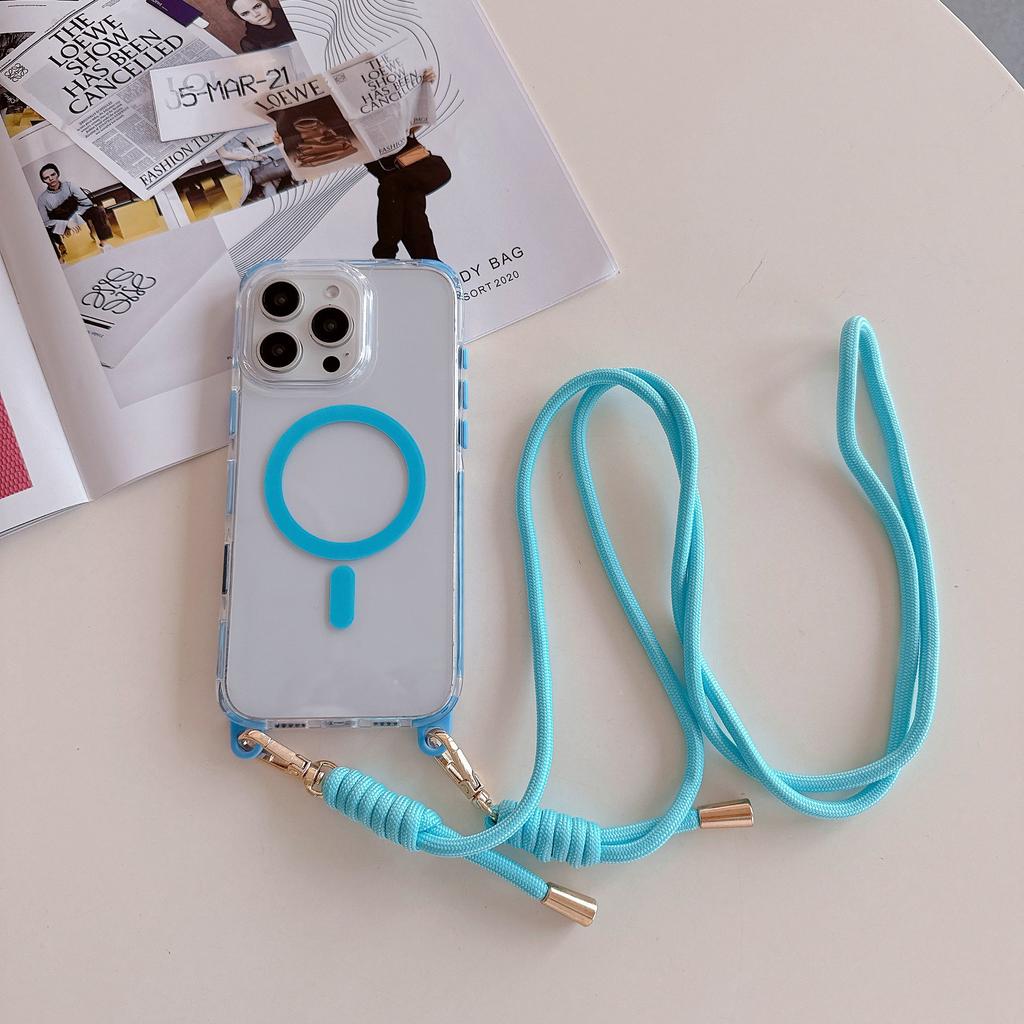 For Apple 16 ProMax Color Contrasting Anti Slip Edge Case for IPhone 15 Strong Magnetic 14 Hanging Rope Phone Case