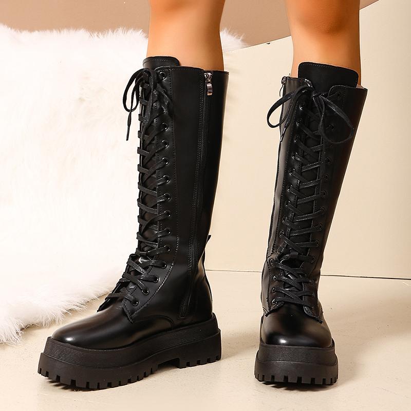 Fashion Women's Chunky Platform Knee High Boots Fashion Thick Sole PU Leather Motorcycle Boots Woman Autumn Winter Punk Long Botas Mujer