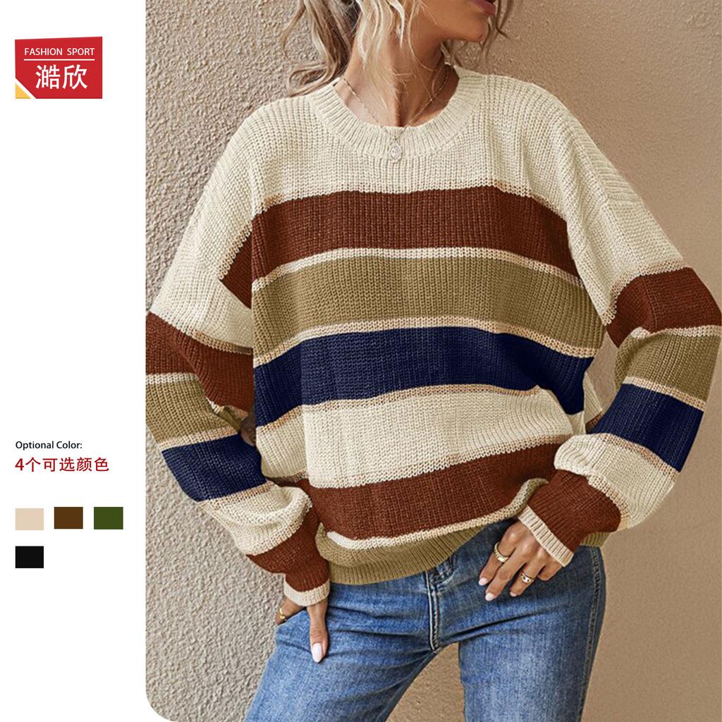 European and American women's clothing autumn and winter crew neck sweater women's lazy loose classic striped long-sleeved knitted sweater top