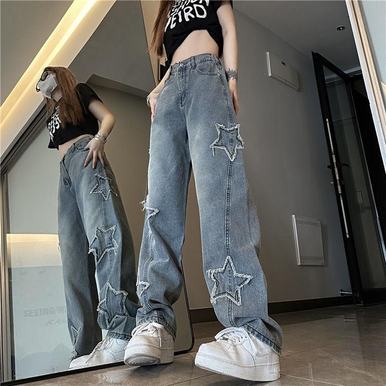 Star-Print Jeans for Women - High-Waisted Slimming Loose Straight-Wide-Leg Versatile Casual Trousers